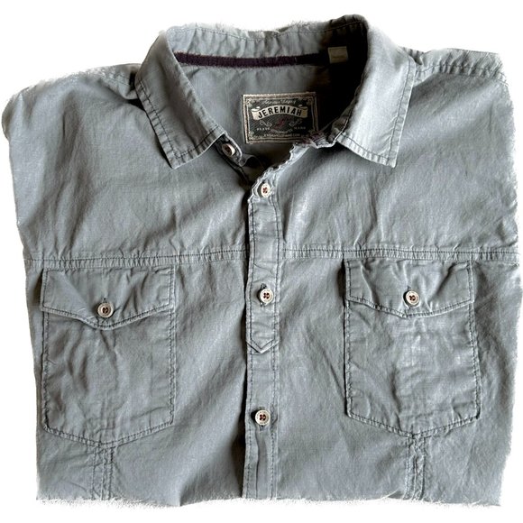 *DETAILED RED SEAMS* Jeremiah Large Gray Short Sleeve Button Down Shirt Pocket - Picture 4 of 7